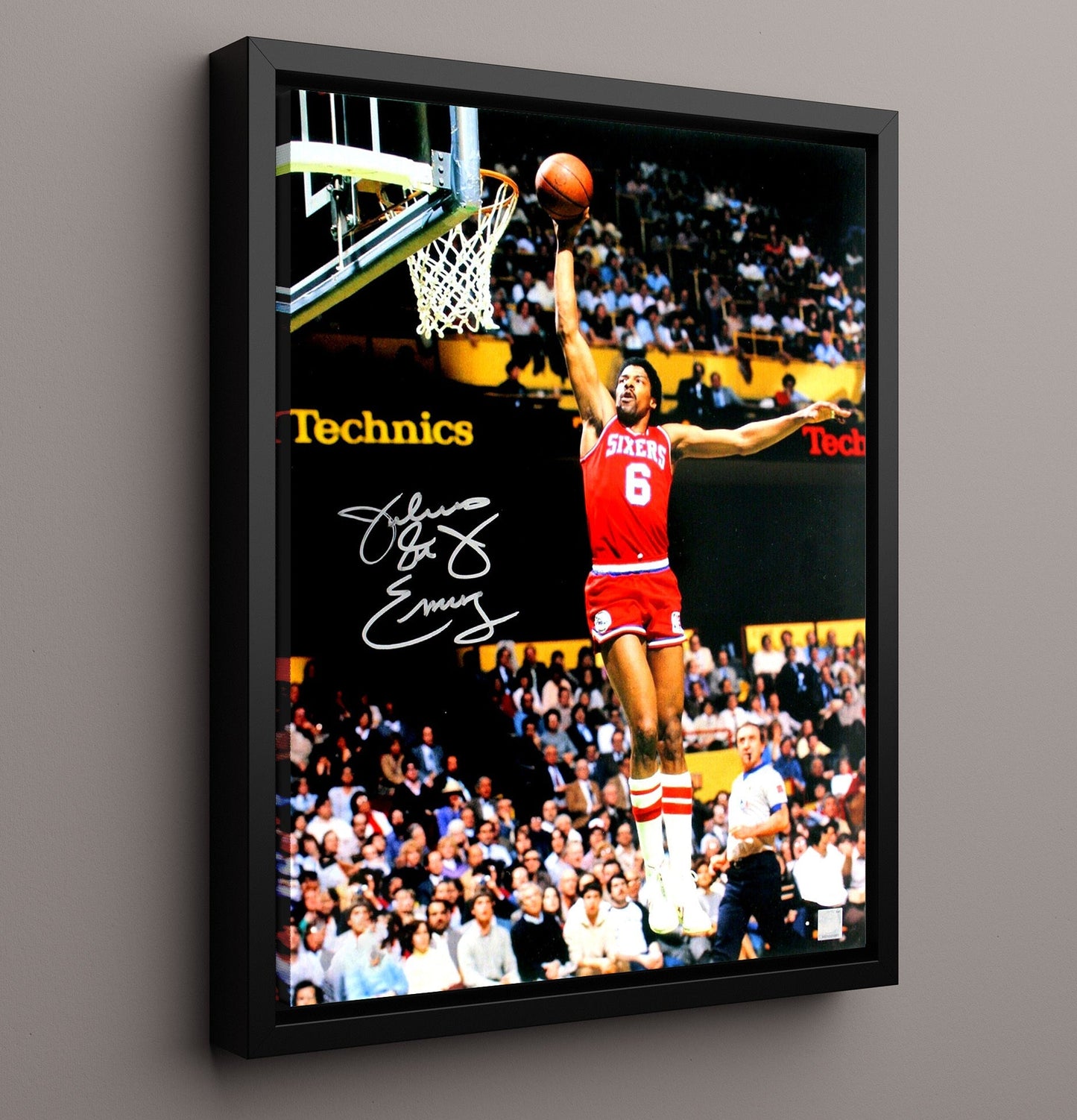 Julius Erving Sixers Baseline Skywalk Finish Basketball Wall Art 16x20 Framed Canvas basketball wall art print
