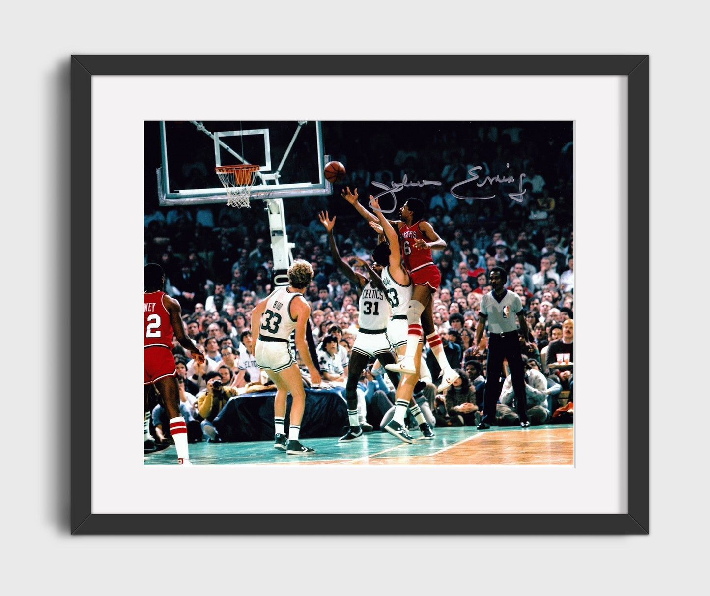 Julius Erving Sixers vs Celtics Aerial Finish basketball print - 16x20 Gallery Frame wall art