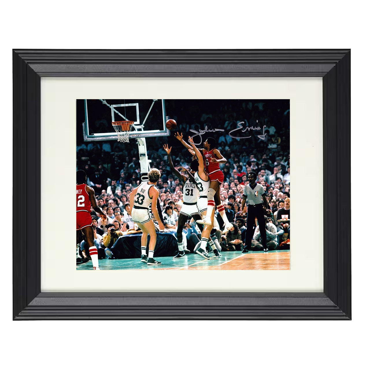 Julius Erving - Sixers vs Celtics Aerial Finish 8x10 framed basketball wall art