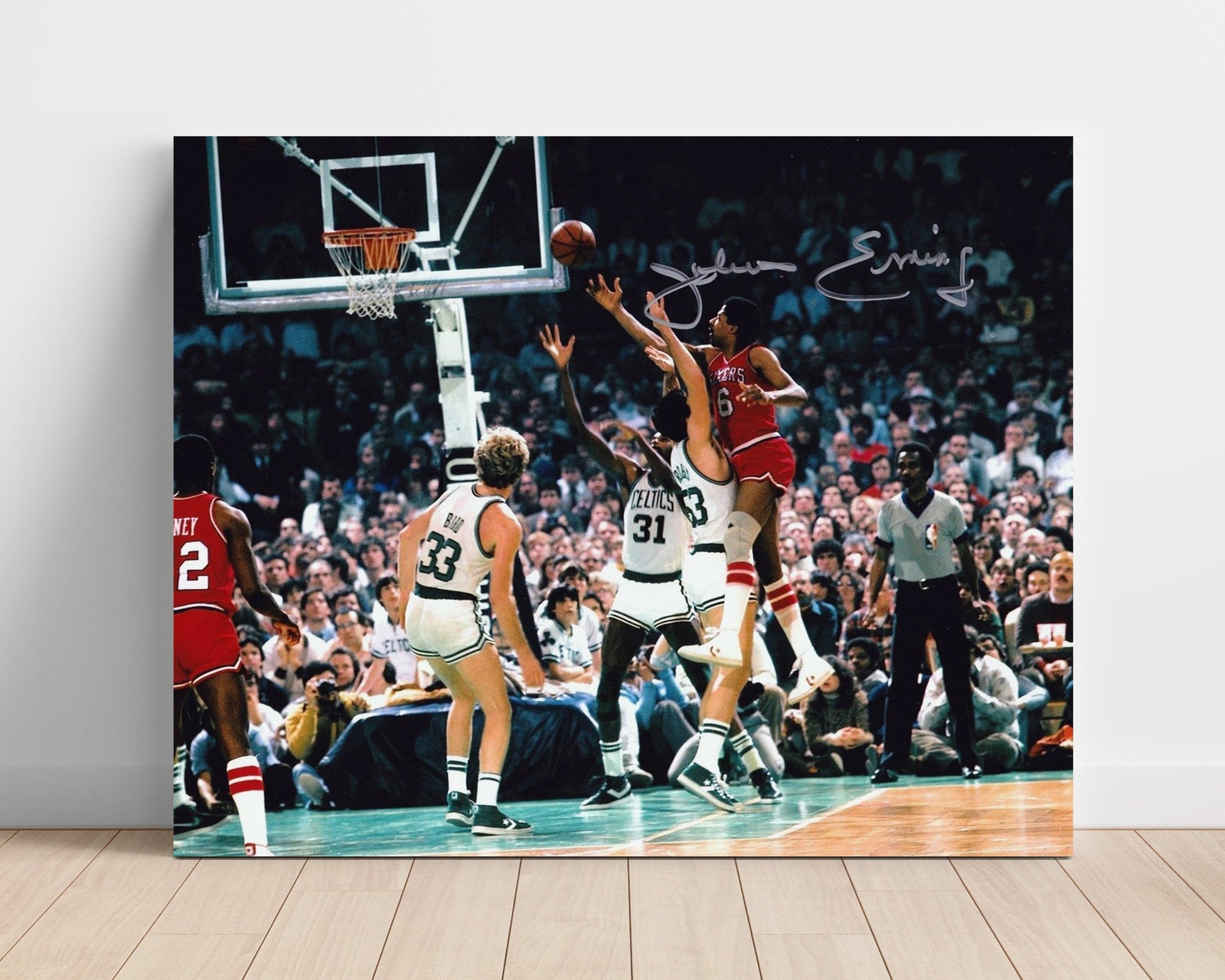 Julius Erving Sixers vs Celtics Aerial Finish basketball print - 16x20 Unframed Print wall art