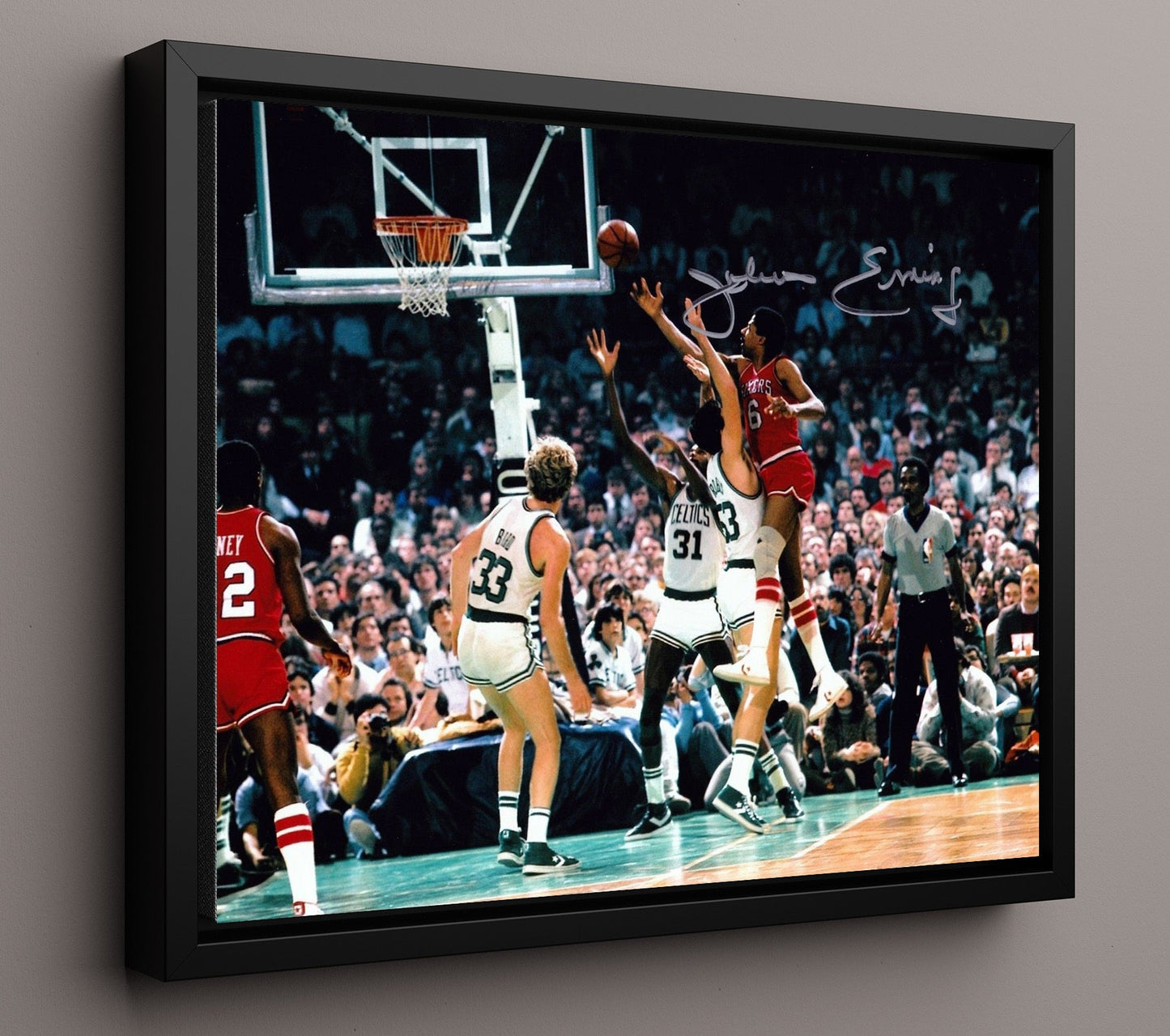 Julius Erving Sixers vs Celtics Aerial Finish Basketball Wall Art 16x20 Framed Canvas basketball wall art print