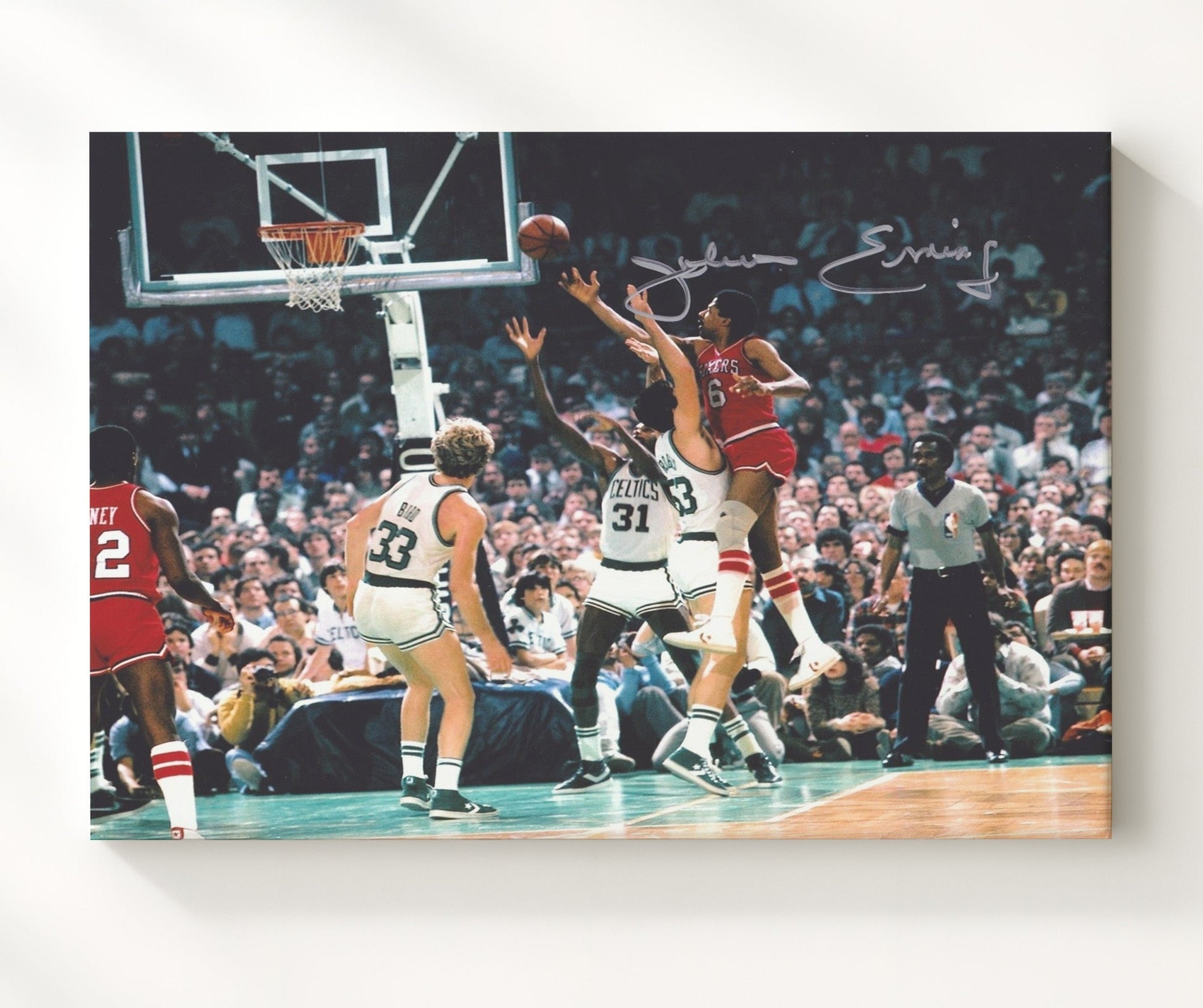 Julius Erving Sixers vs Celtics Aerial Finish Basketball Wall Art 20x24 Canvas basketball wall art print