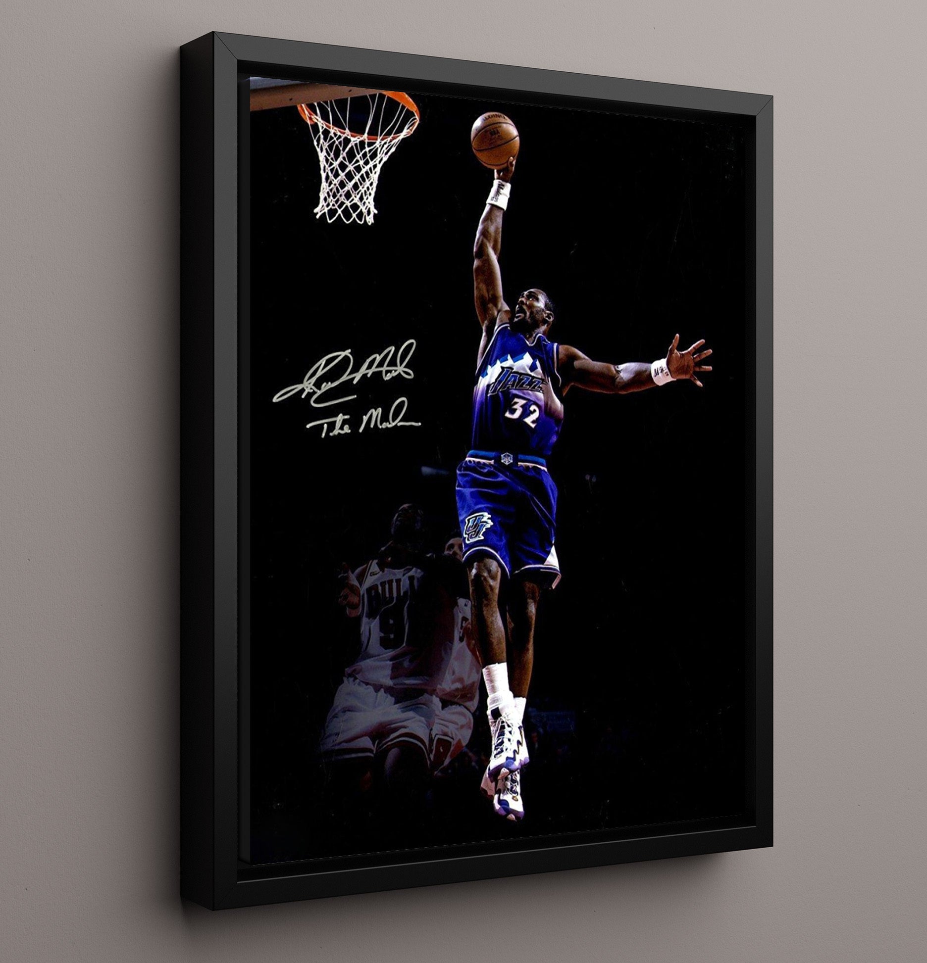 Karl Malone Utah Mailman Rim Hammer Spotlight Basketball Wall Art 16x20 Framed Canvas basketball wall art print