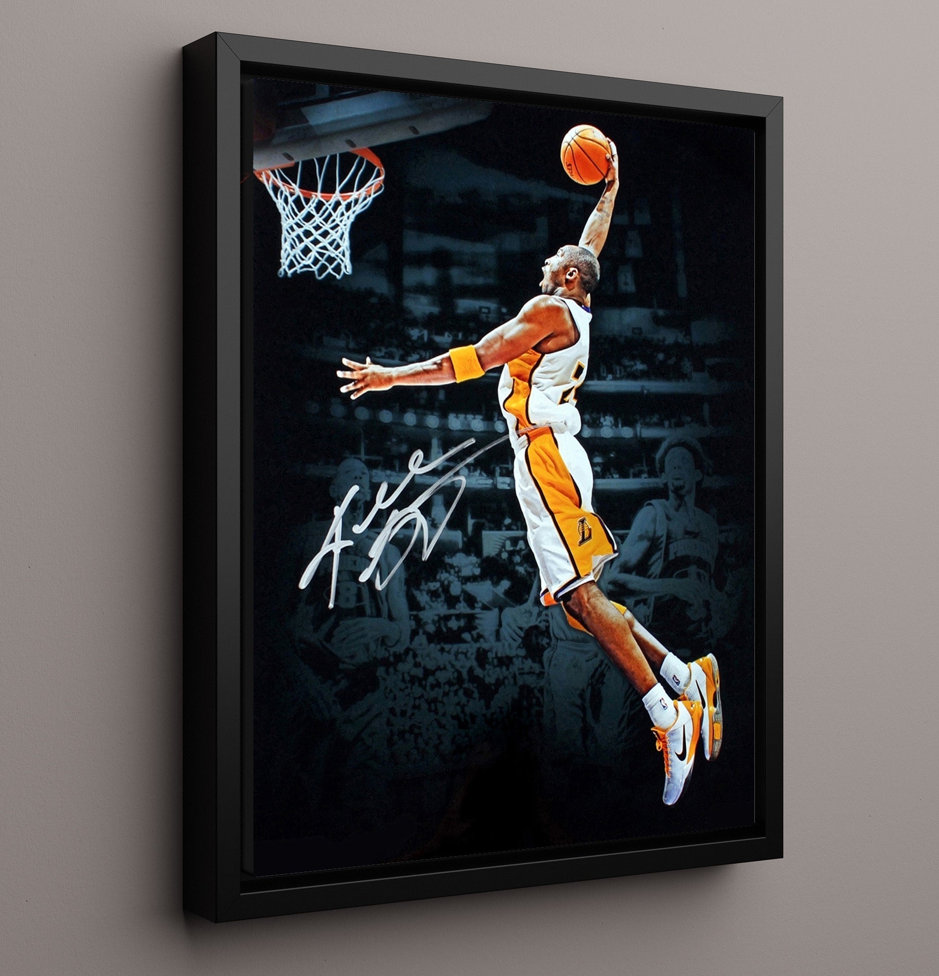 Kobe Bryant Lakers Baseline Mamba Takeoff Basketball Wall Art 16x20 Framed Canvas basketball wall art print