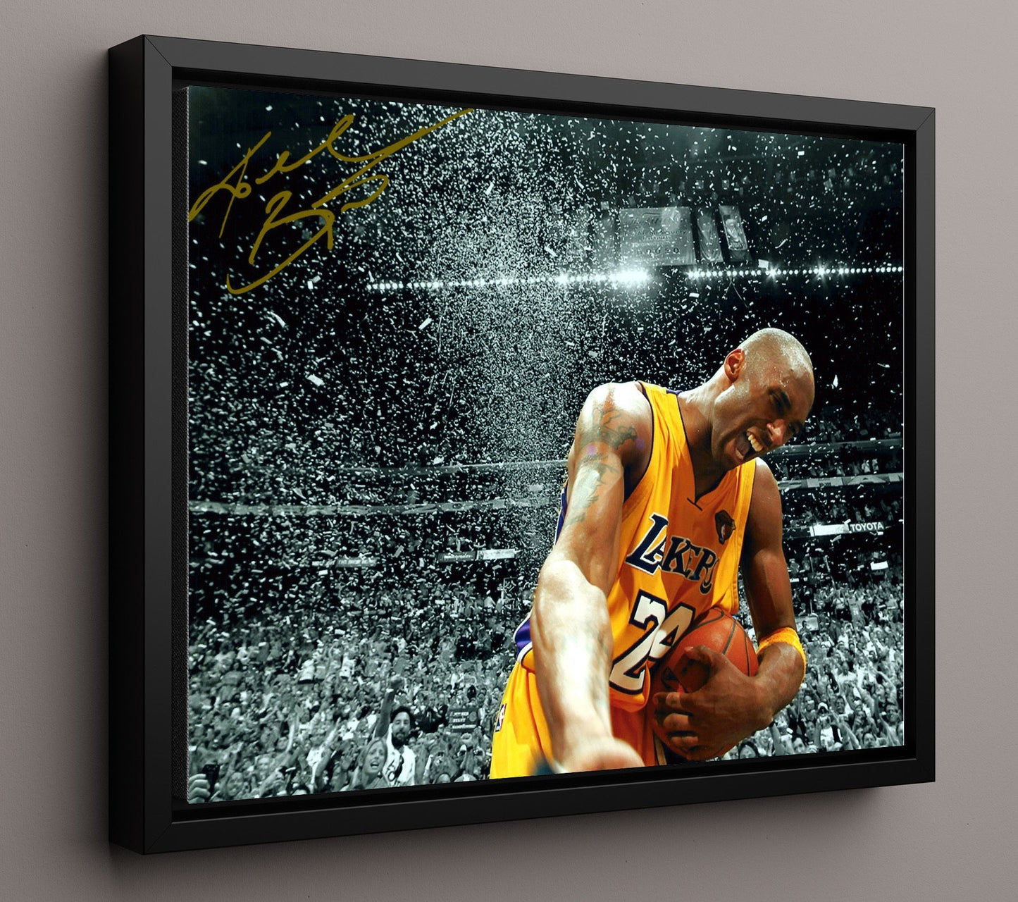 Kobe Bryant Lakers Confetti Championship Moment basketball print - 16x20 Framed Canvas wall art