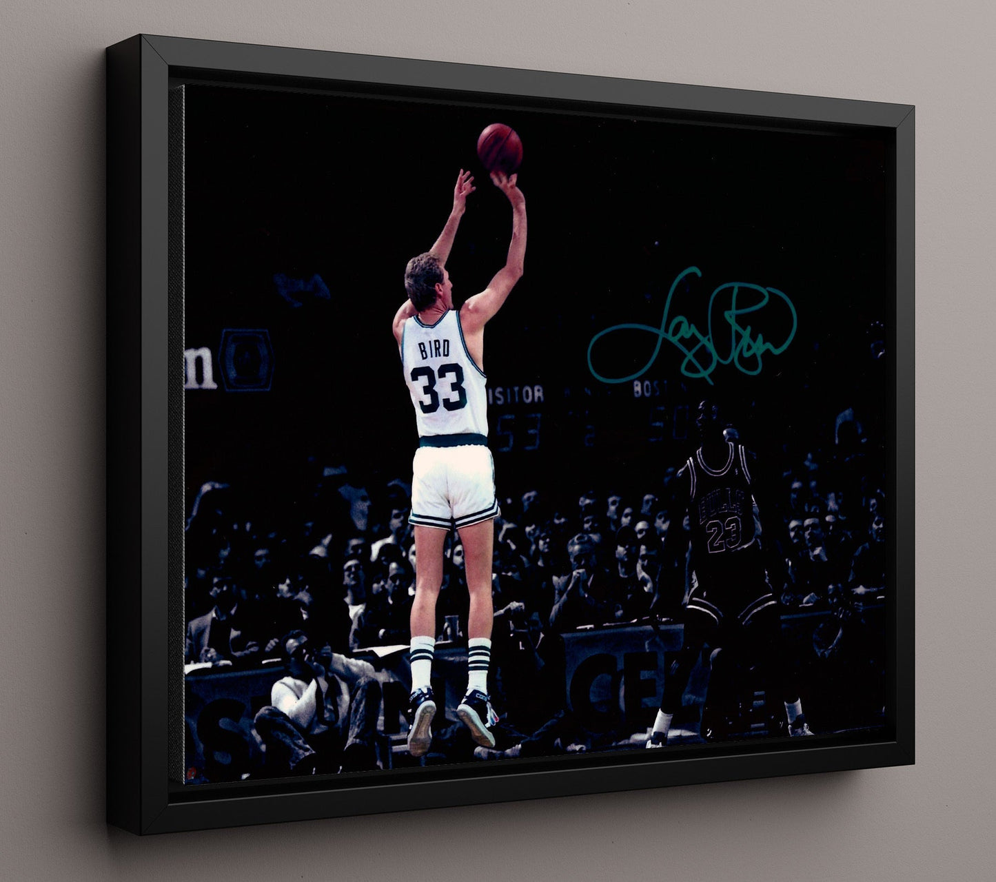 Larry Bird Celtics Clutch Jumper basketball print - 16x20 Framed Canvas wall art