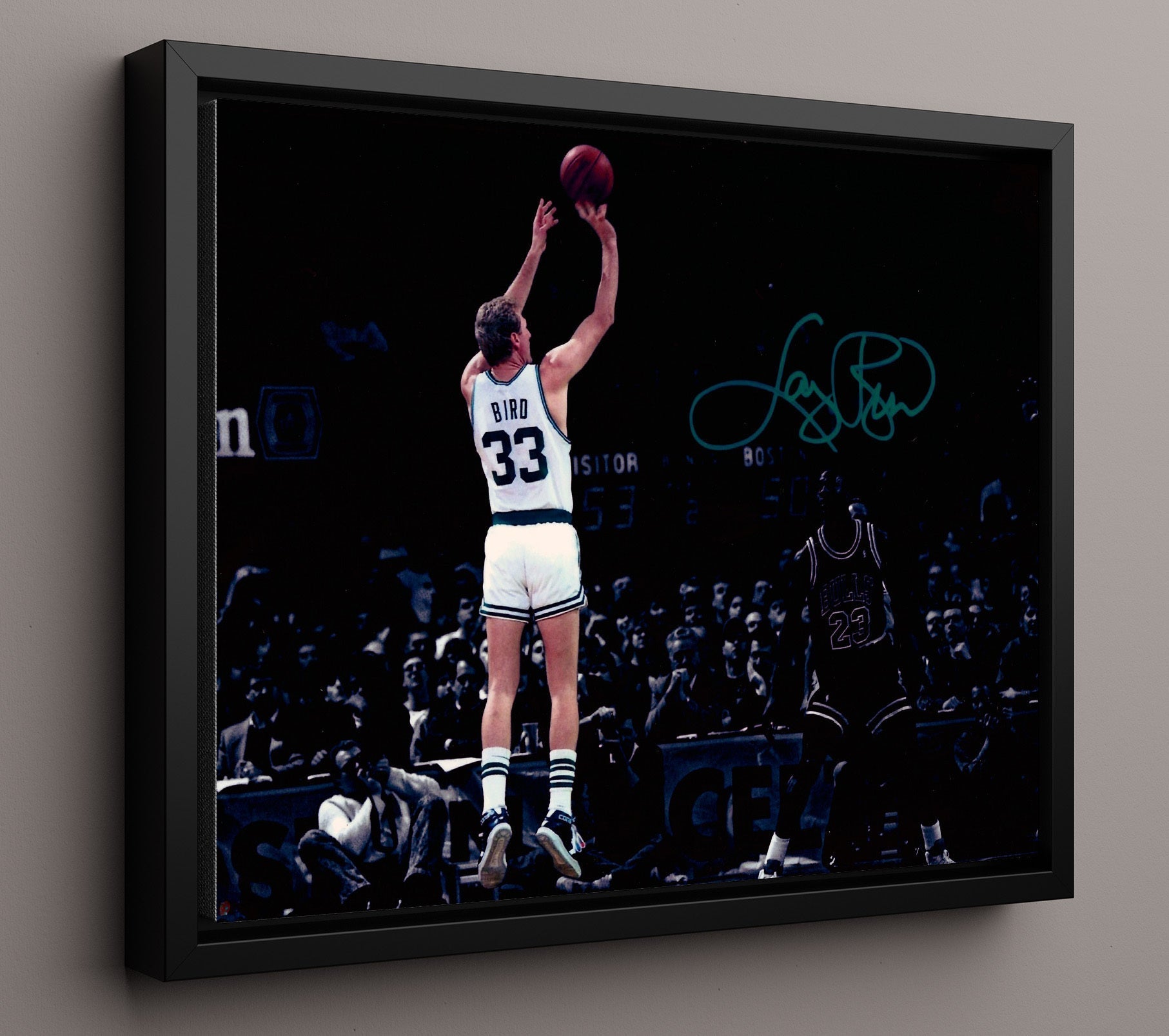 Larry Bird Celtics Clutch Jumper basketball print - 16x20 Framed Canvas wall art