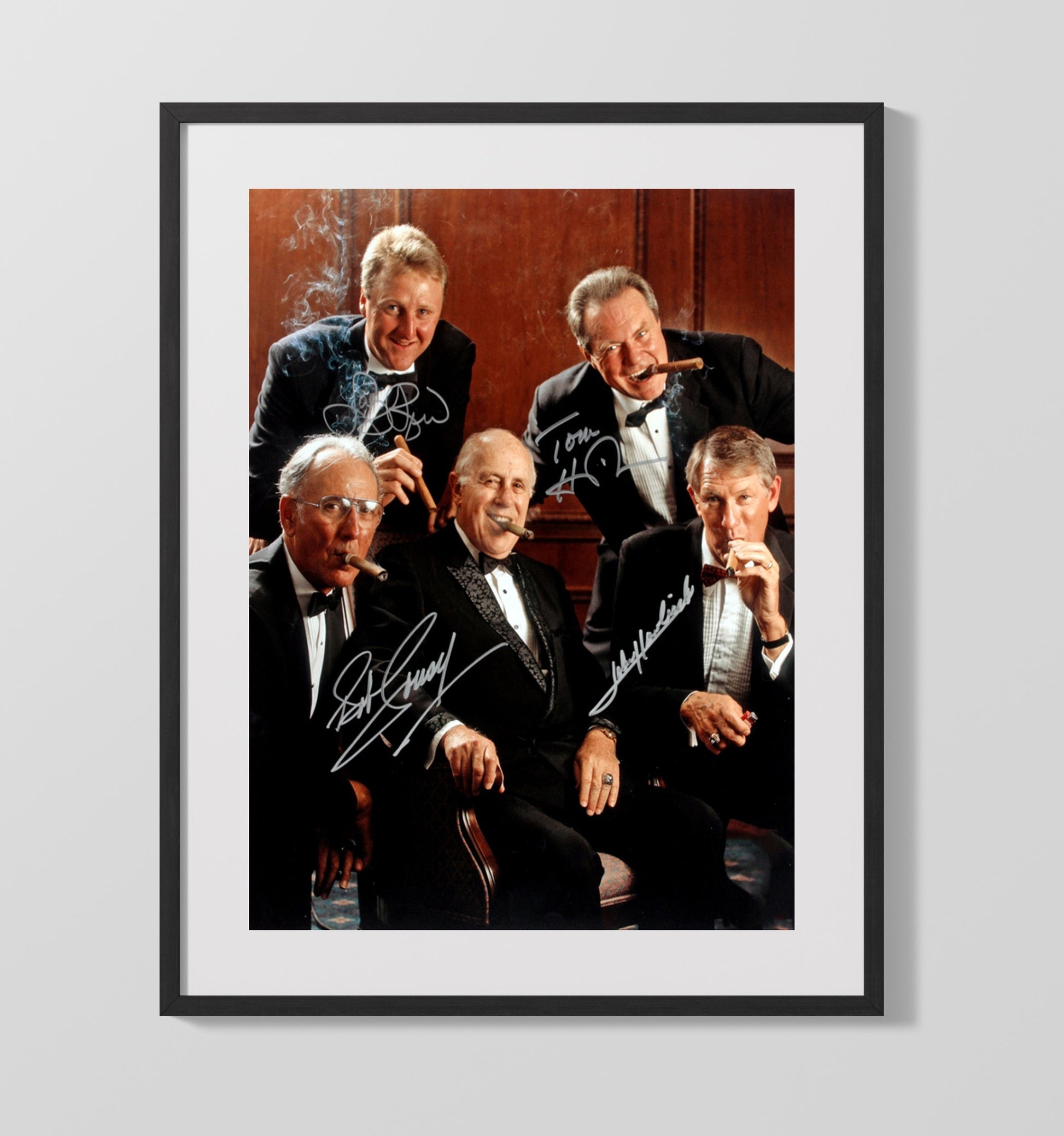 Larry Bird Cousy Havlicek Heinsohn Boston Basketball Hall of Fame Gathering basketball print - 16x20 Gallery Frame wall art