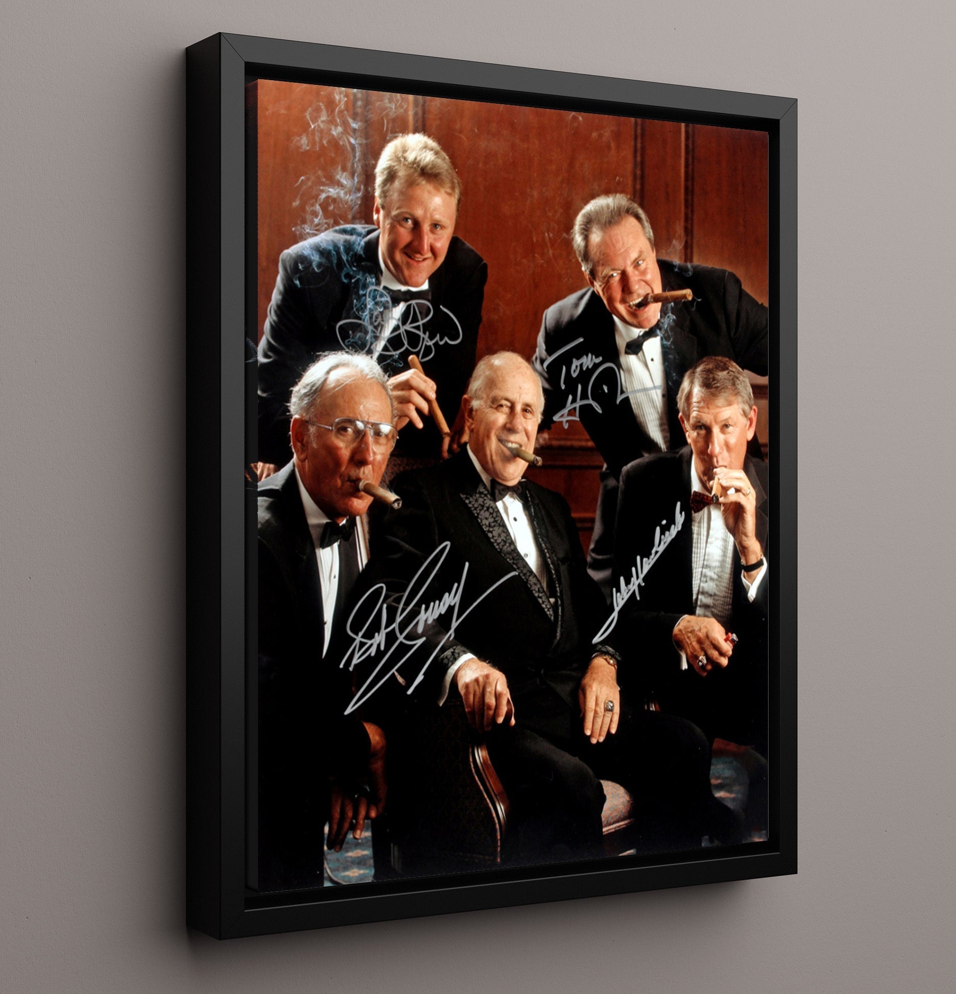 Larry Bird Cousy Havlicek Heinsohn Boston Basketball Hall of Fame Gathering Basketball Wall Art 16x20 Framed Canvas basketball wall art print