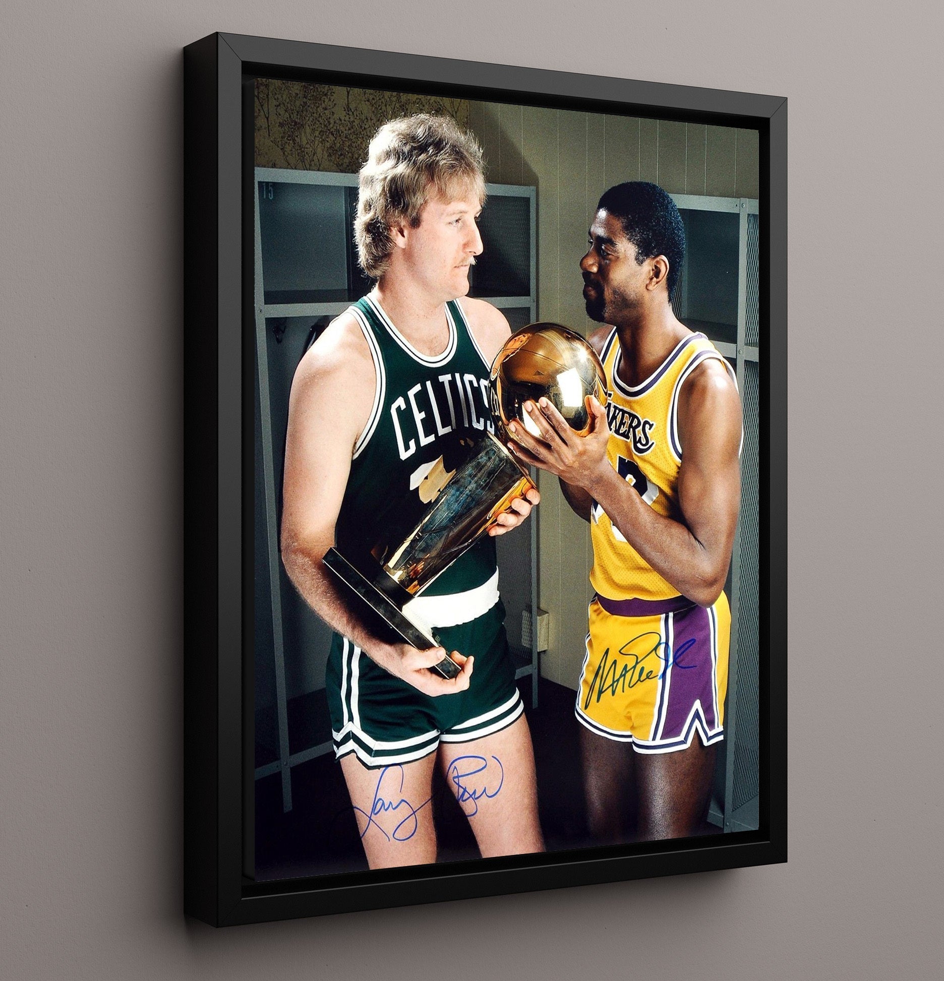 Larry Bird and Magic Johnson Finals Trophy Exchange Rivalry Moment Basketball Wall Art 16x20 Framed Canvas basketball wall art print