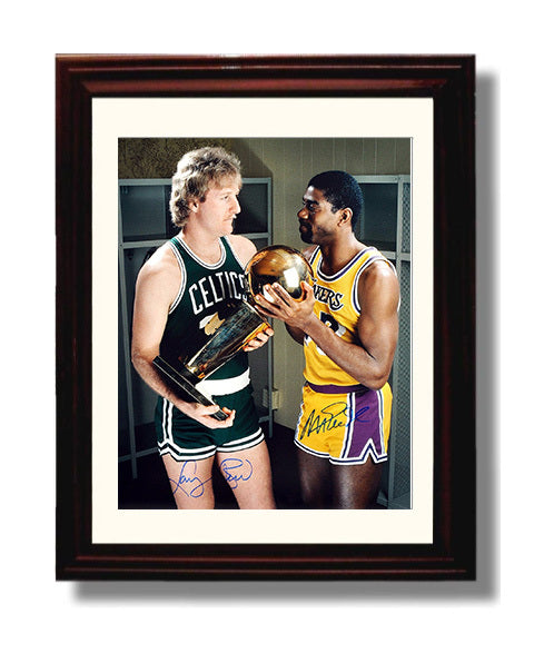 Larry Bird and Magic Johnson Finals Trophy Exchange Rivalry Moment Basketball Wall Art 8x10 Beveled Frame basketball wall art print
