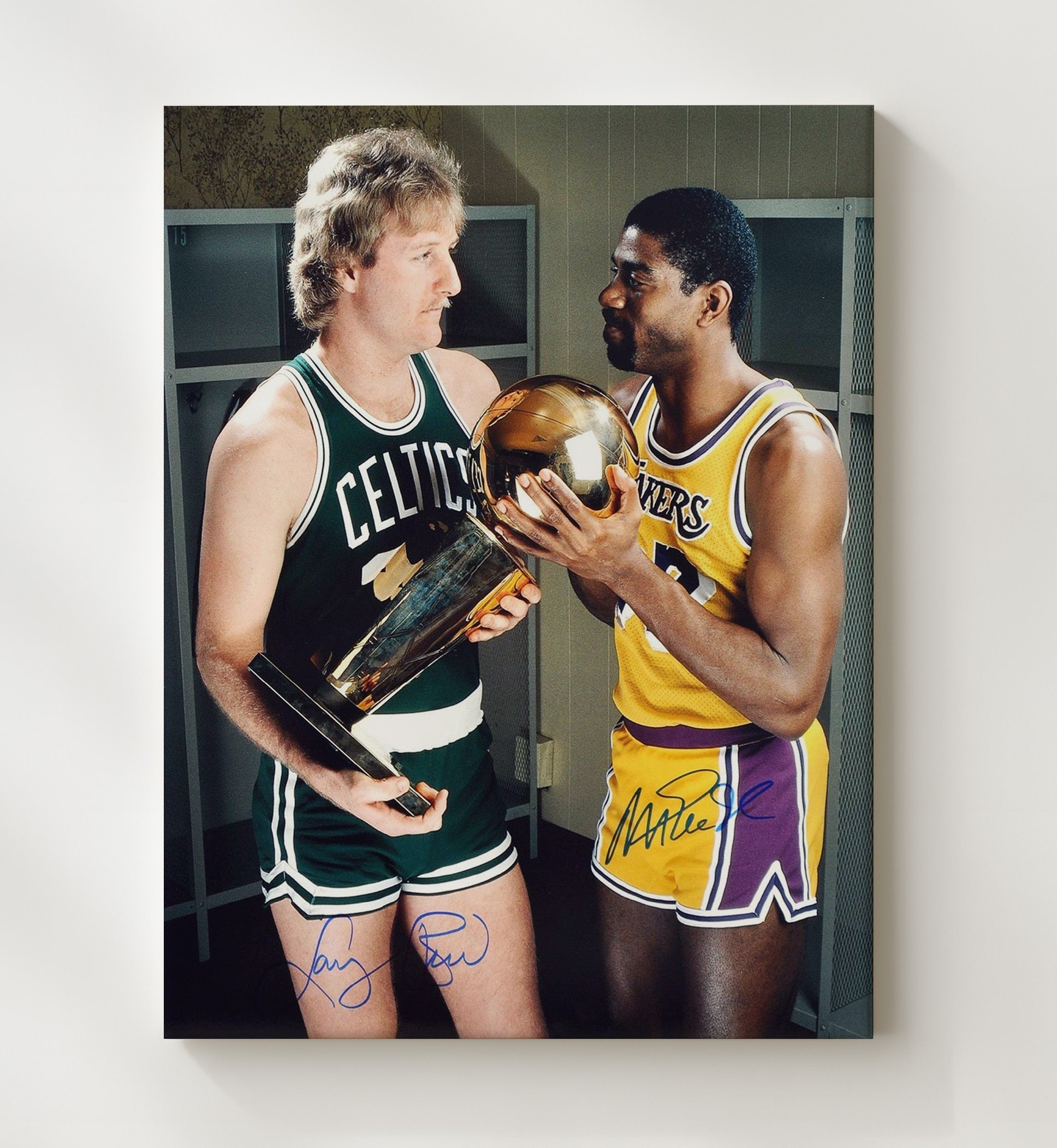 Larry Bird and Magic Johnson Finals Trophy Exchange Rivalry Moment Basketball Wall Art 20x24 Canvas basketball wall art print