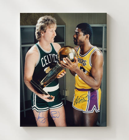 Larry Bird and Magic Johnson Finals Trophy Exchange Rivalry Moment Basketball Wall Art 20x24 Canvas basketball wall art print