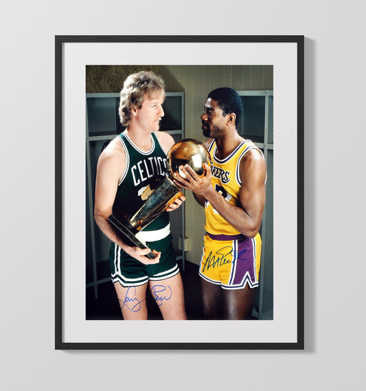 Larry Bird and Magic Johnson Finals Trophy Exchange Rivalry Moment basketball print - 16x20 Gallery Frame wall art