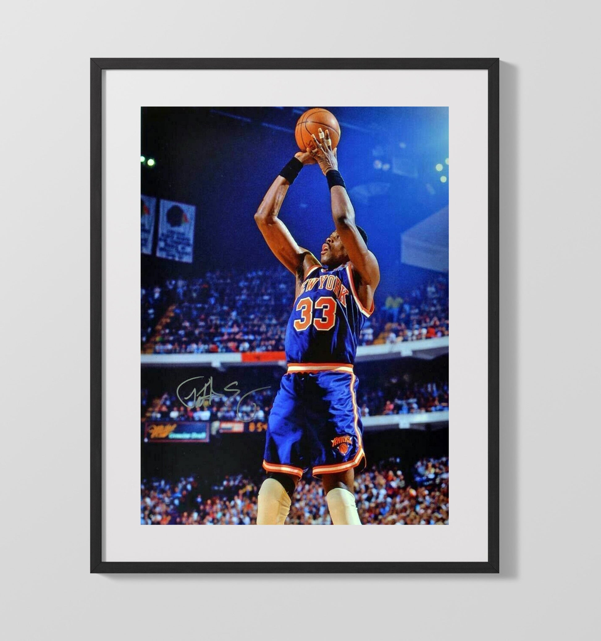 Patrick Ewing New York Basketball Towering Jumper Spotlight basketball print - 16x20 Gallery Frame wall art