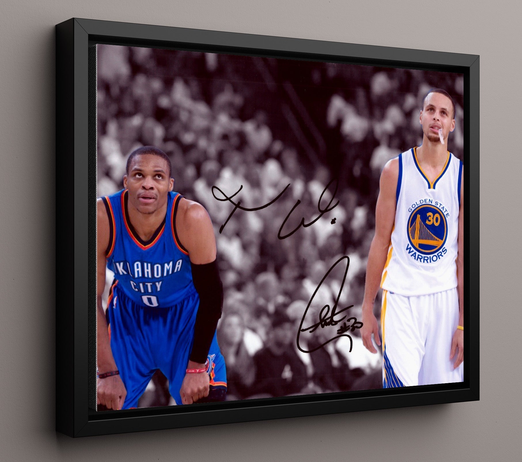 Russell Westbrook Stephen Curry Thunder vs Warriors Rivalry Renewed Basketball Wall Art 16x20 Framed Canvas basketball wall art print