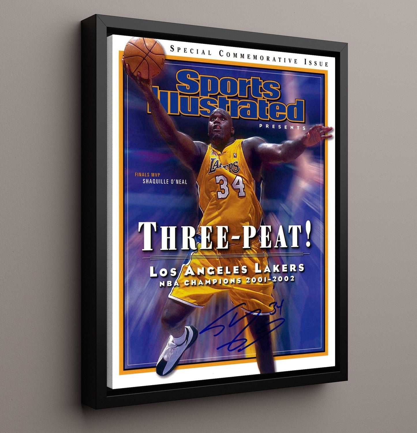 Shaquille O'Neal Lakers Three Peat SI Special 2002 basketball print - 16x20 Framed Canvas wall art