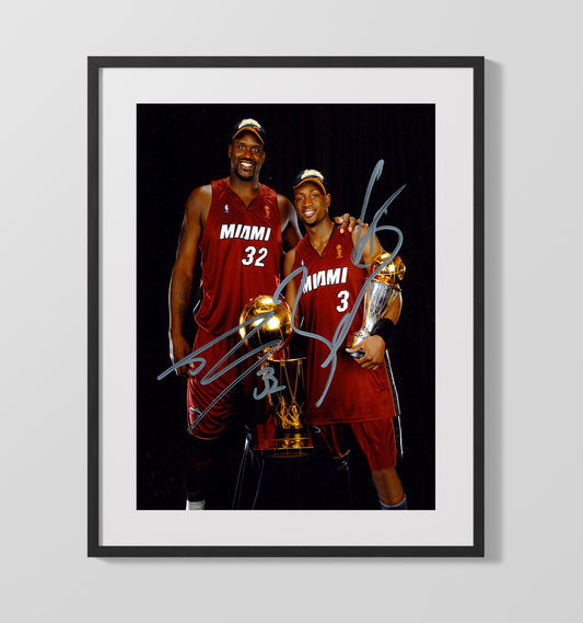 Shaquille O'Neal and Dwyane Wade Miami Basketball Championship Trophy Portrait Spotlight basketball print - 16x20 Gallery Frame wall art