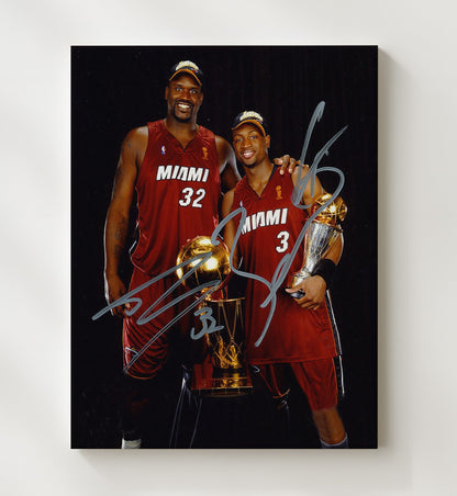 Shaquille ONeal and Dwyane Wade Miami Basketball Championship Trophy Portrait Spotlight Basketball Wall Art 20x24 Canvas basketball wall art print