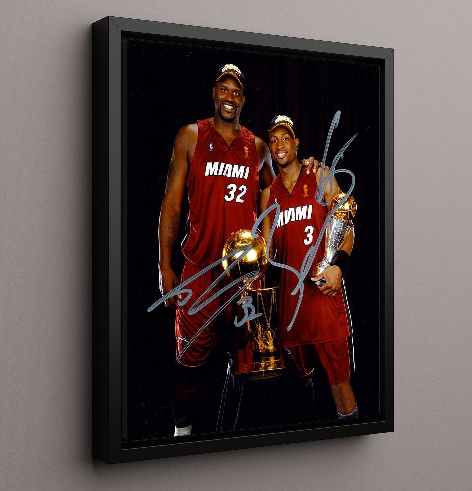 Shaquille ONeal and Dwyane Wade Miami Championship Trophy Portrait Spotlight Basketball Wall Art 16x20 Framed Canvas basketball wall art print