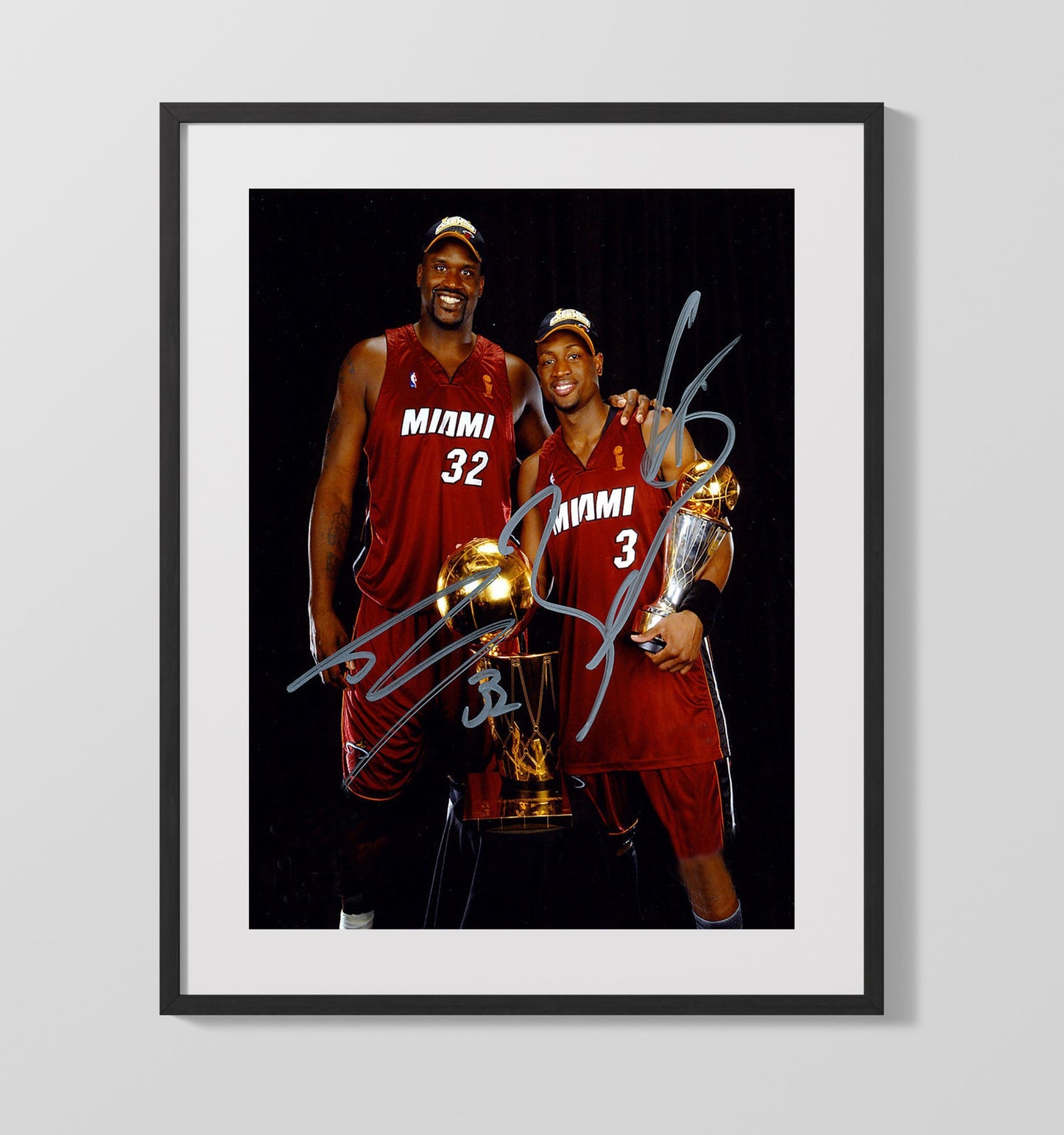 Shaquille ONeal and Dwyane Wade Miami Championship Trophy Portrait Spotlight Basketball Wall Art 16x20 Gallery Frame basketball wall art print