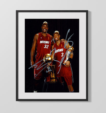 Shaquille ONeal and Dwyane Wade Miami Basketball Championship Trophy Portrait Spotlight Basketball Wall Art 16x20 Gallery Frame basketball wall art print