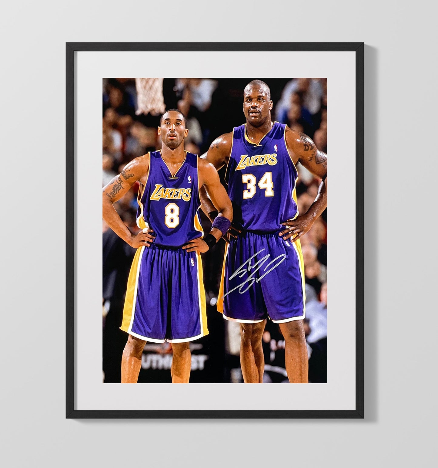 Shaquille ONeal and Kobe Bryant Los Angeles Basketball Courtside Duo Spotlight Basketball Wall Art 16x20 Gallery Frame basketball wall art print
