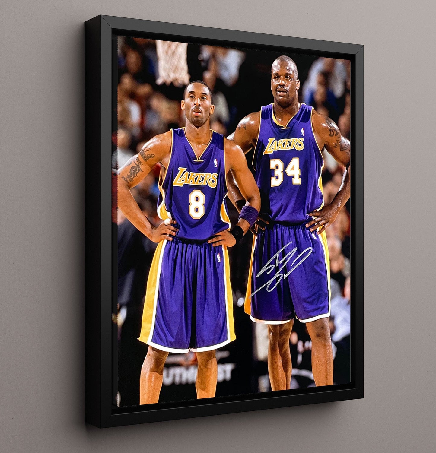 Shaquille O'Neal and Kobe Bryant Los Angeles Basketball Courtside Duo Spotlight basketball print - 16x20 Framed Canvas wall art