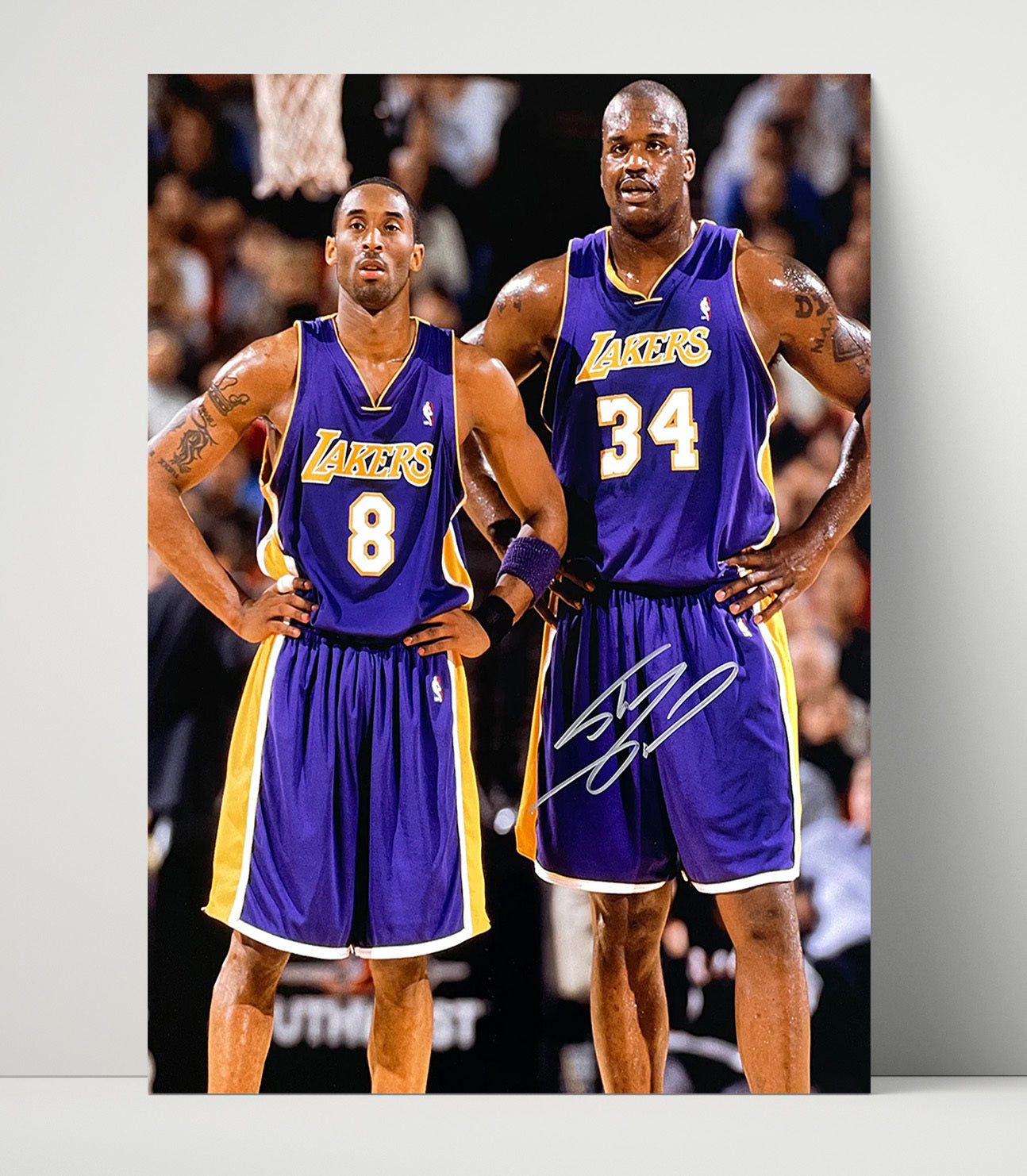 Shaquille O'Neal and Kobe Bryant Los Angeles Basketball Courtside Duo Spotlight basketball print - 16x20 Unframed Print wall art