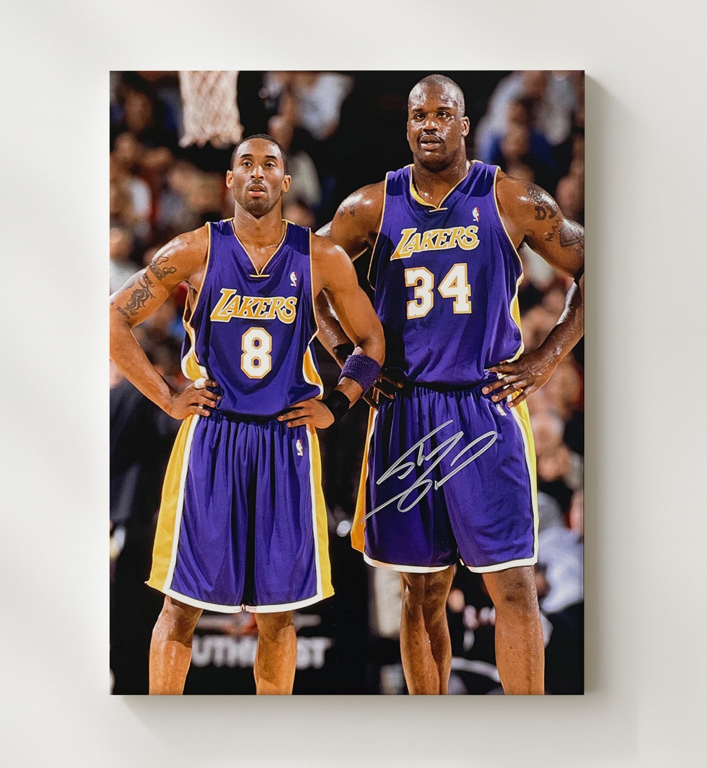 Shaquille ONeal and Kobe Bryant Los Angeles Basketball Courtside Duo Spotlight Basketball Wall Art 20x24 Canvas basketball wall art print