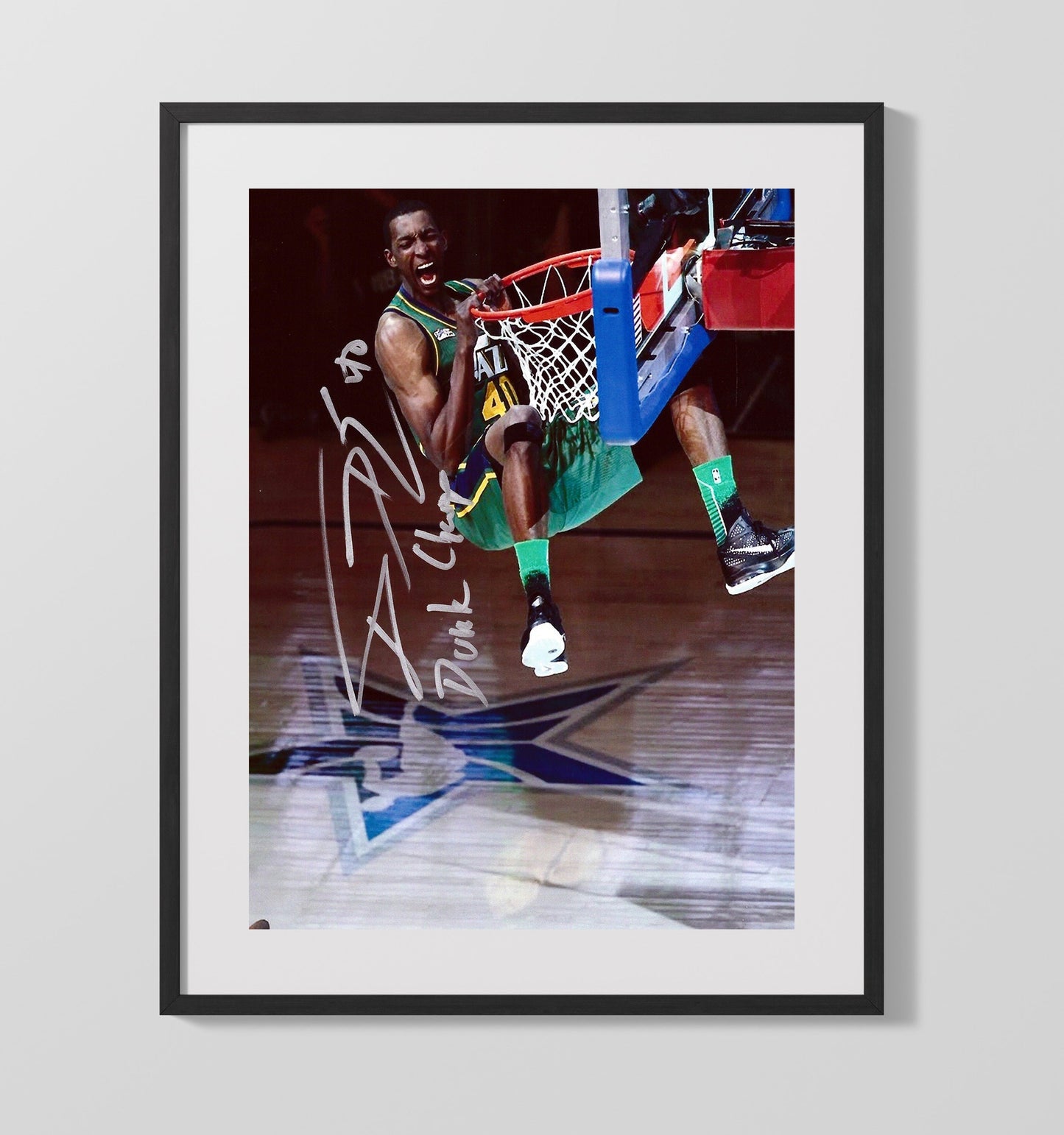 Shawn Kemp Seattle Basketball Rim Hang Power Slam Spotlight Basketball Wall Art 16x20 Gallery Frame basketball wall art print