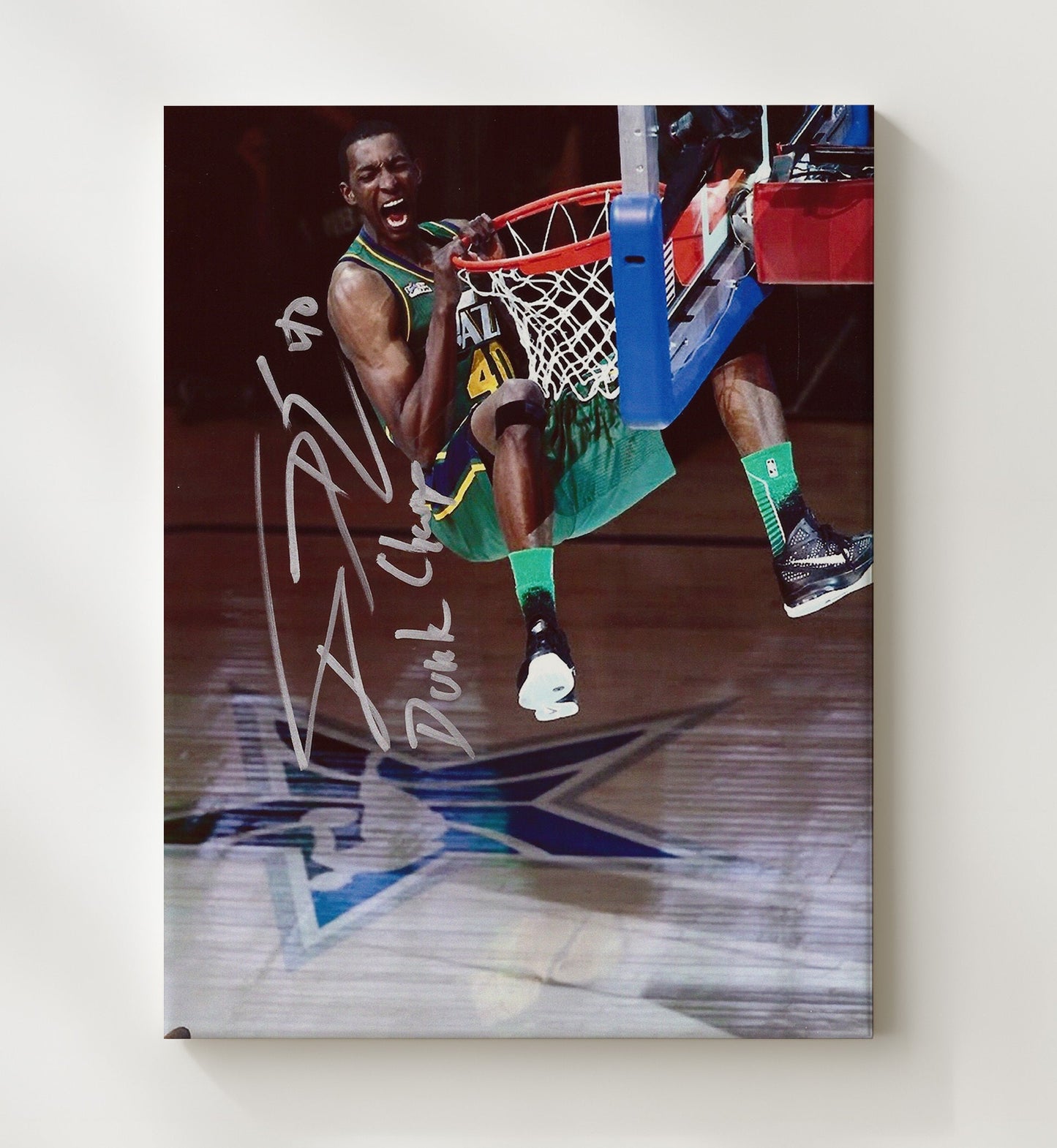 Shawn Kemp Seattle Basketball Rim Hang Power Slam Spotlight Basketball Wall Art 20x24 Canvas basketball wall art print