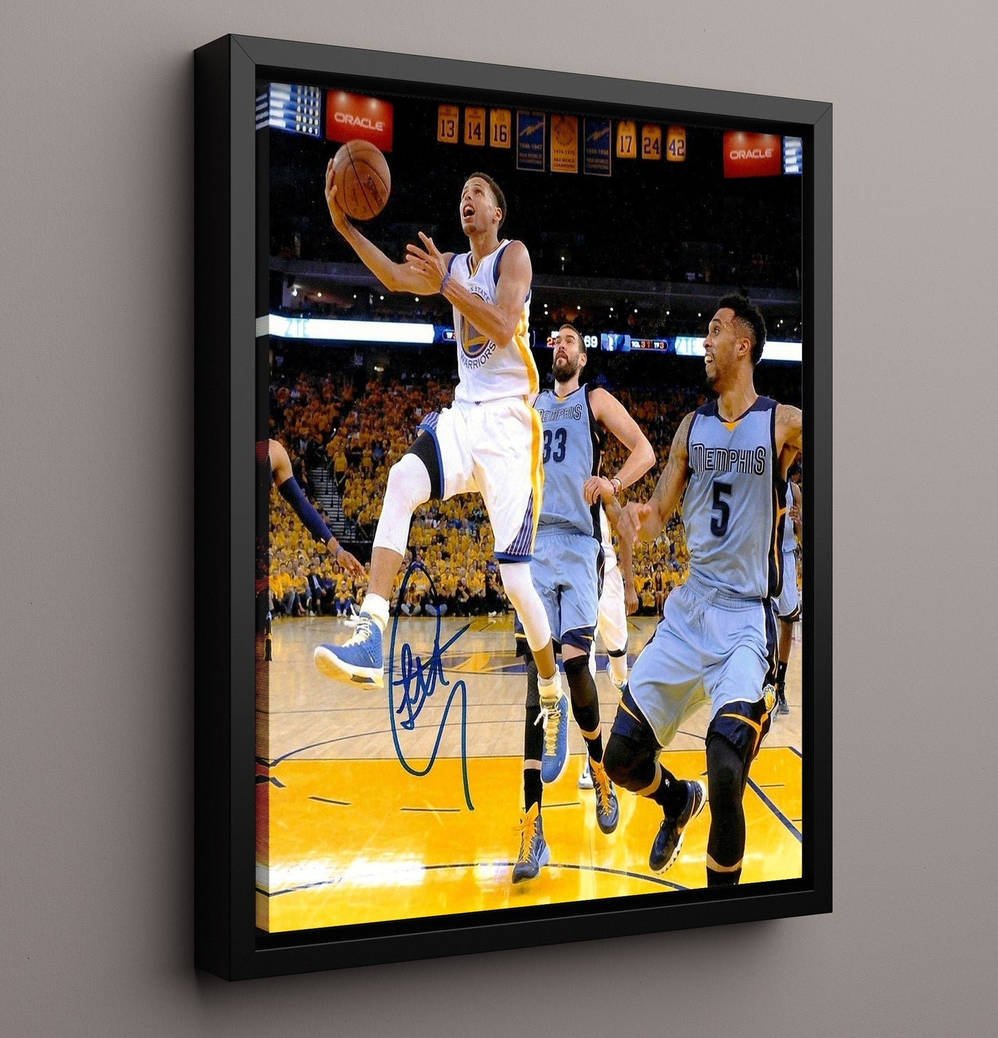 Steph Curry Warriors Finals Drive vs Memphis Basketball Wall Art 16x20 Framed Canvas basketball wall art print