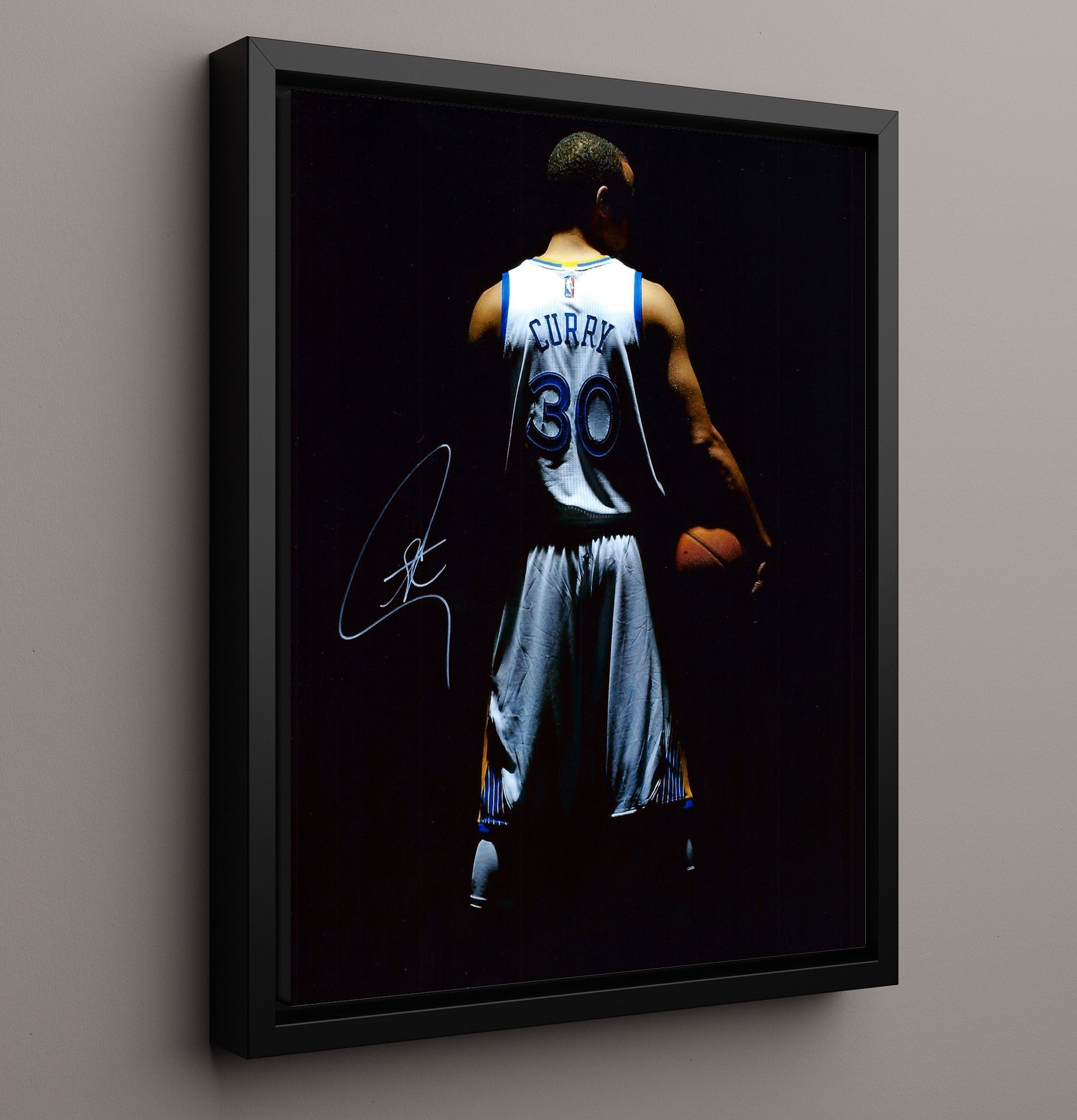 Stephen Curry Golden State Jersey Shadows Splash King Spotlight Basketball Wall Art 16x20 Framed Canvas basketball wall art print