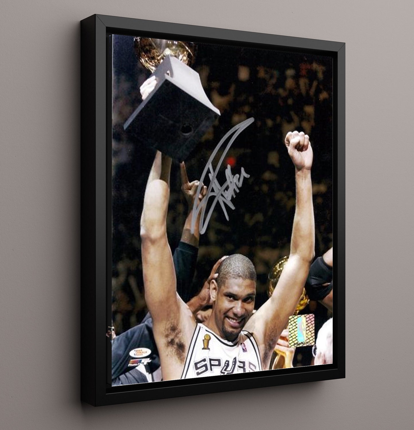 Tim Duncan San Antonio Basketball Trophy Celebration Finals Glory Spotlight basketball print - 16x20 Framed Canvas wall art