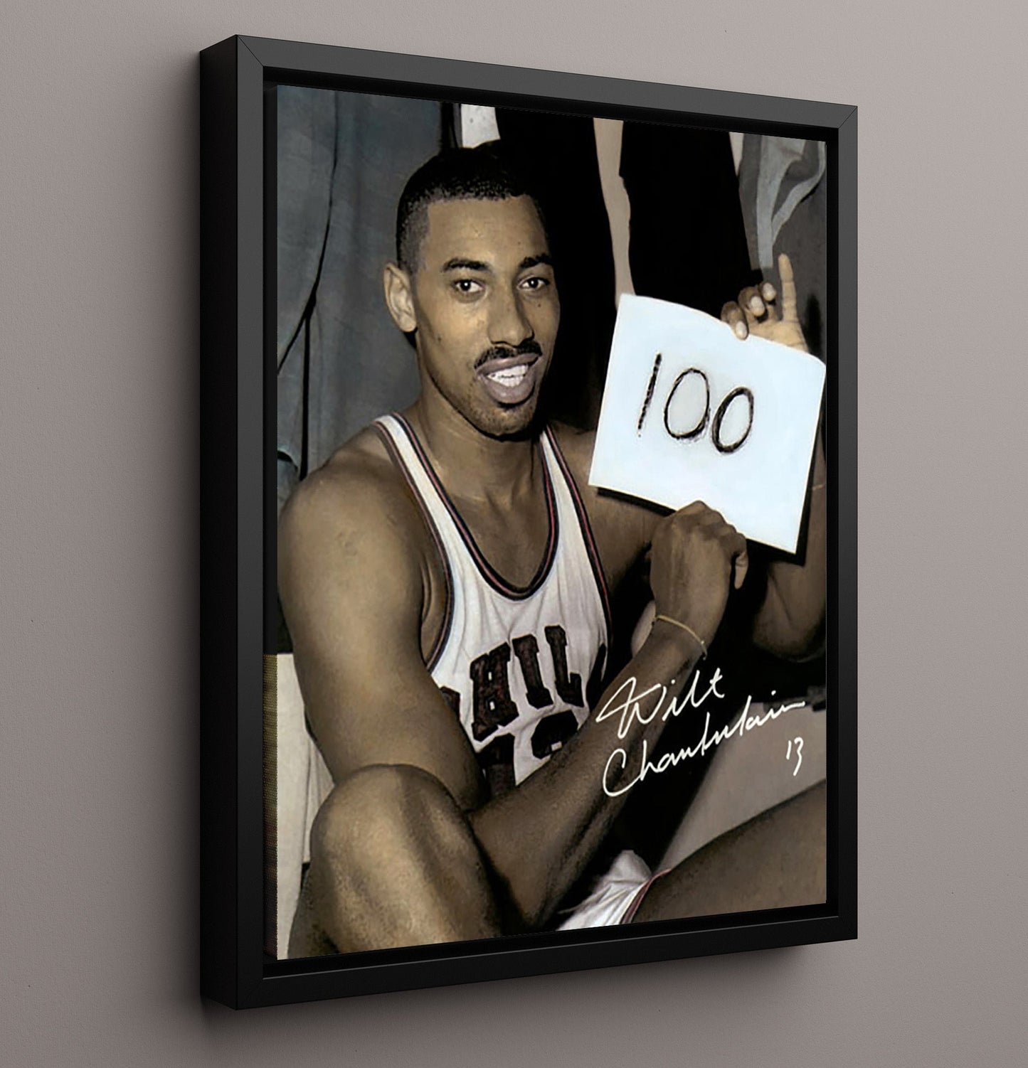 Wilt Chamberlain Philadelphia Basketball 100 Point Game Immortal Night Spotlight basketball print - 16x20 Framed Canvas wall art