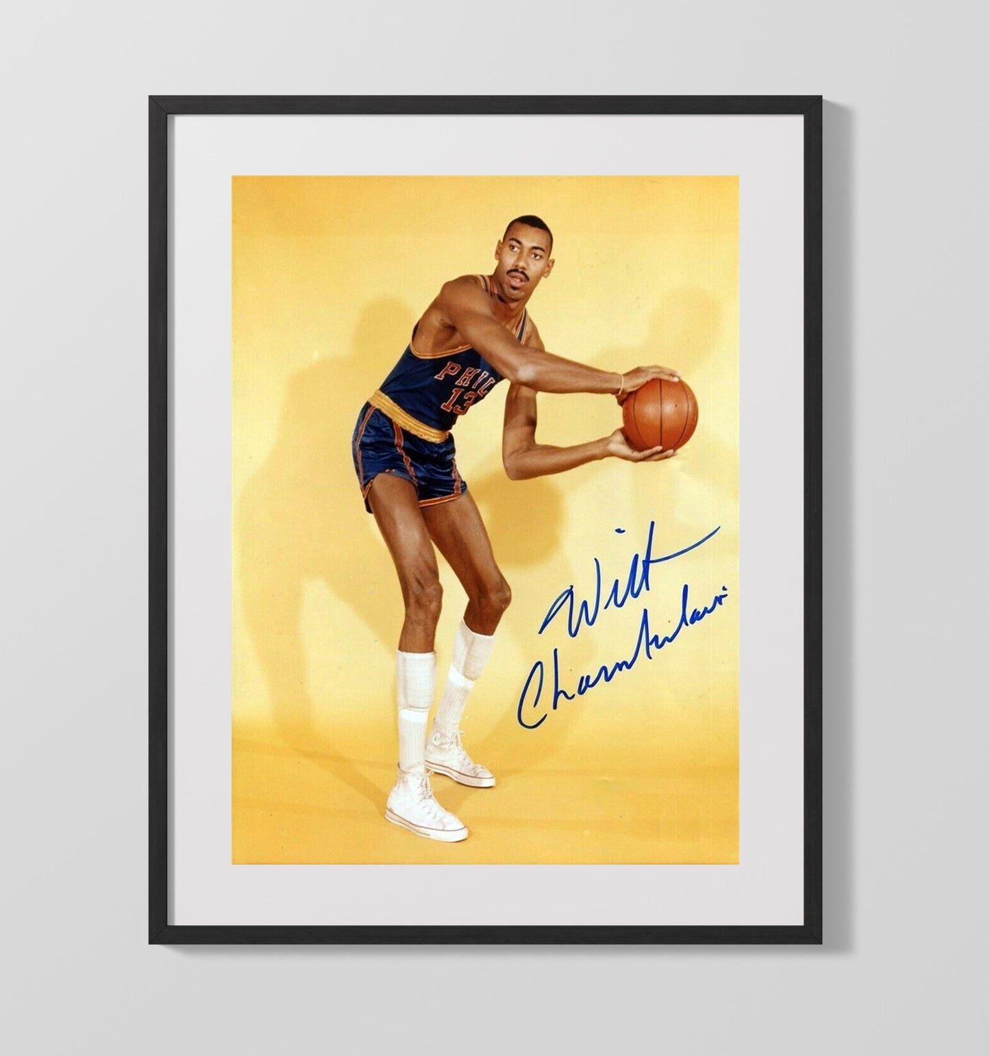 Wilt Chamberlain Philadelphia Basketball Vintage Studio Pose Towering Legend Spotlight Basketball Wall Art 16x20 Gallery Frame basketball wall art print