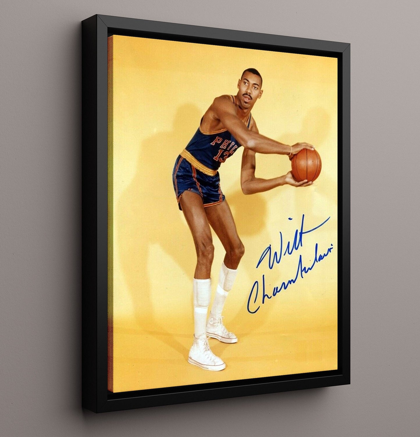 Wilt Chamberlain Philadelphia Basketball Vintage Studio Pose Towering Legend Spotlight Basketball Wall Art 16x20 Framed Canvas basketball wall art print