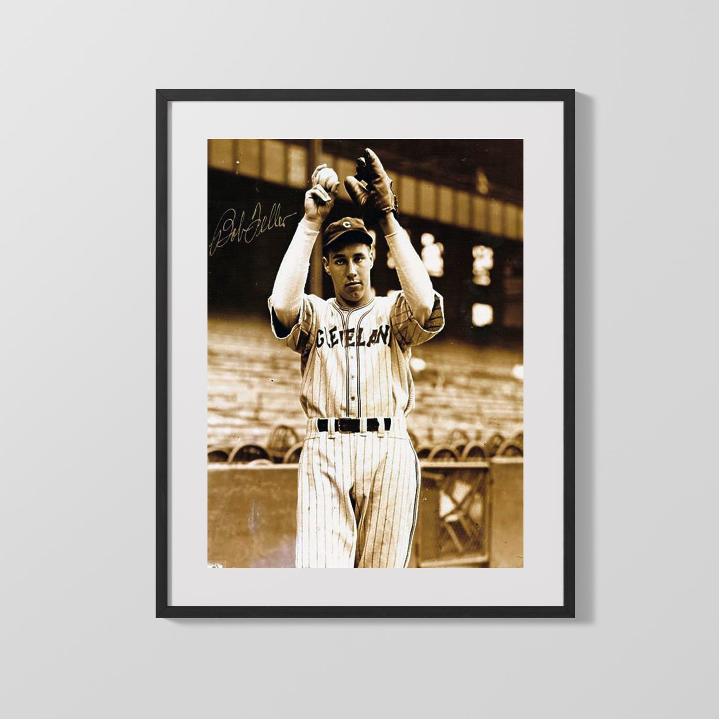 Bob Feller Autograph Print - Arms Raised Warm-Up - Heaters incoming