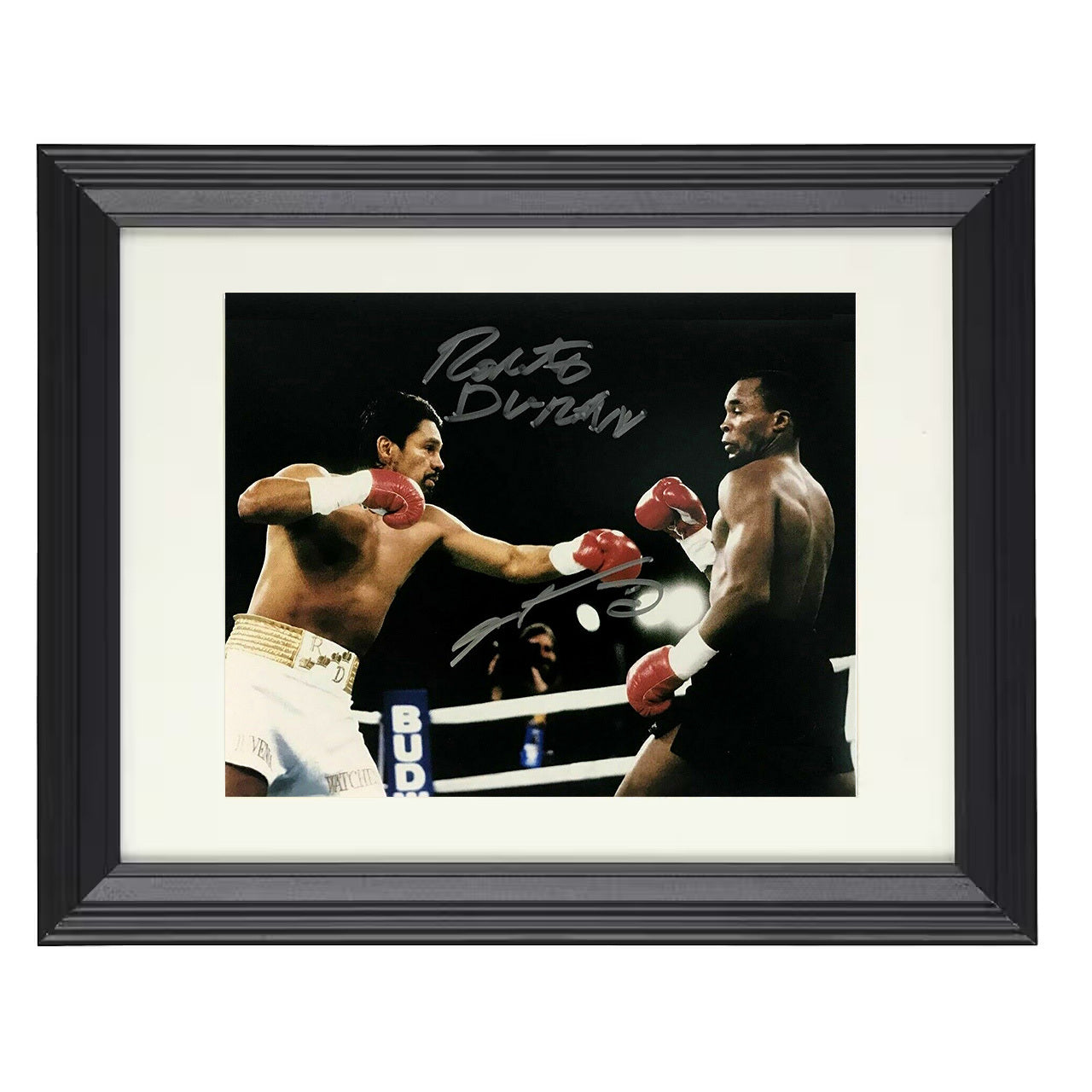 Roberto Duran and Sugar Ray Leonard - No Mas Rivalry 8x10 black framed boxing print