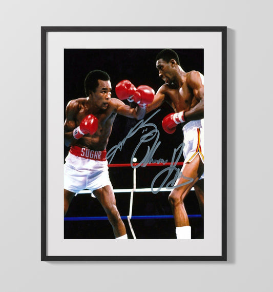 Sugar Ray Leonard vs Thomas Hearns Championship Fight Action Boxing Wall Art 16x20 Gallery Framed Artwork wall art print – Boxing Wall Art decor