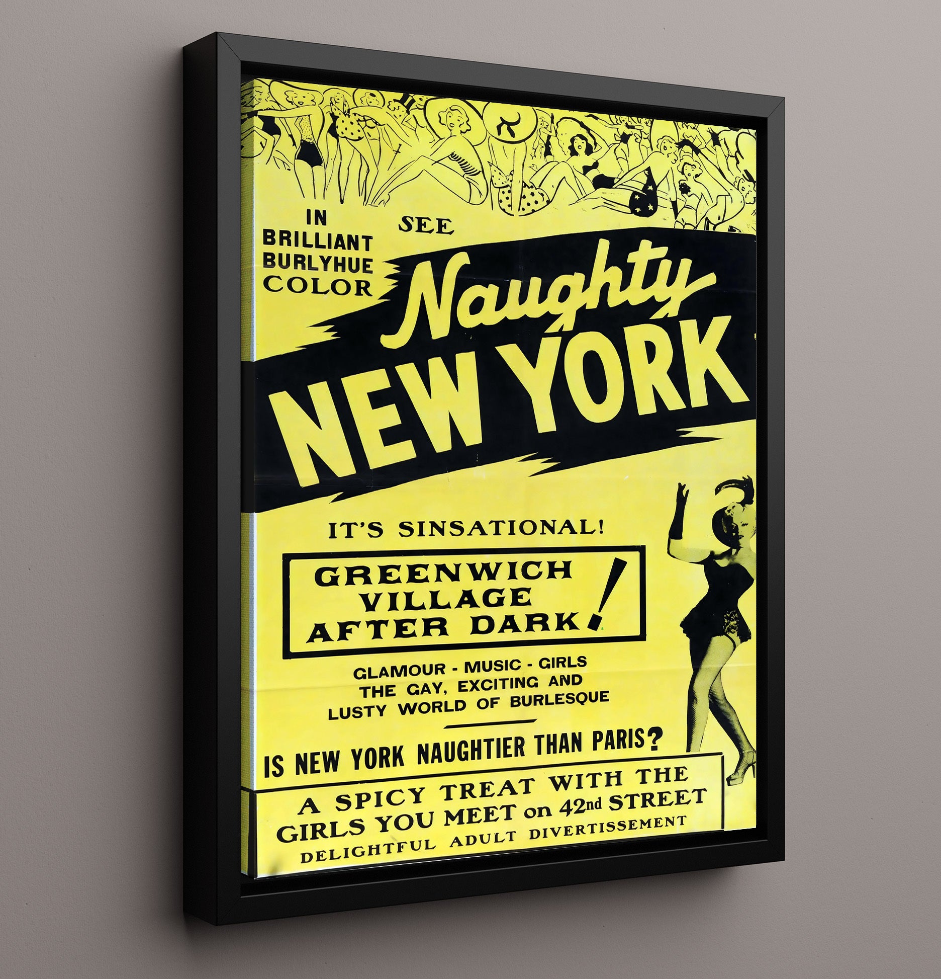 Naughty New York Greenwich Village After Dark 16x20 Framed Canvas wall art print – Burlesque Poster decor