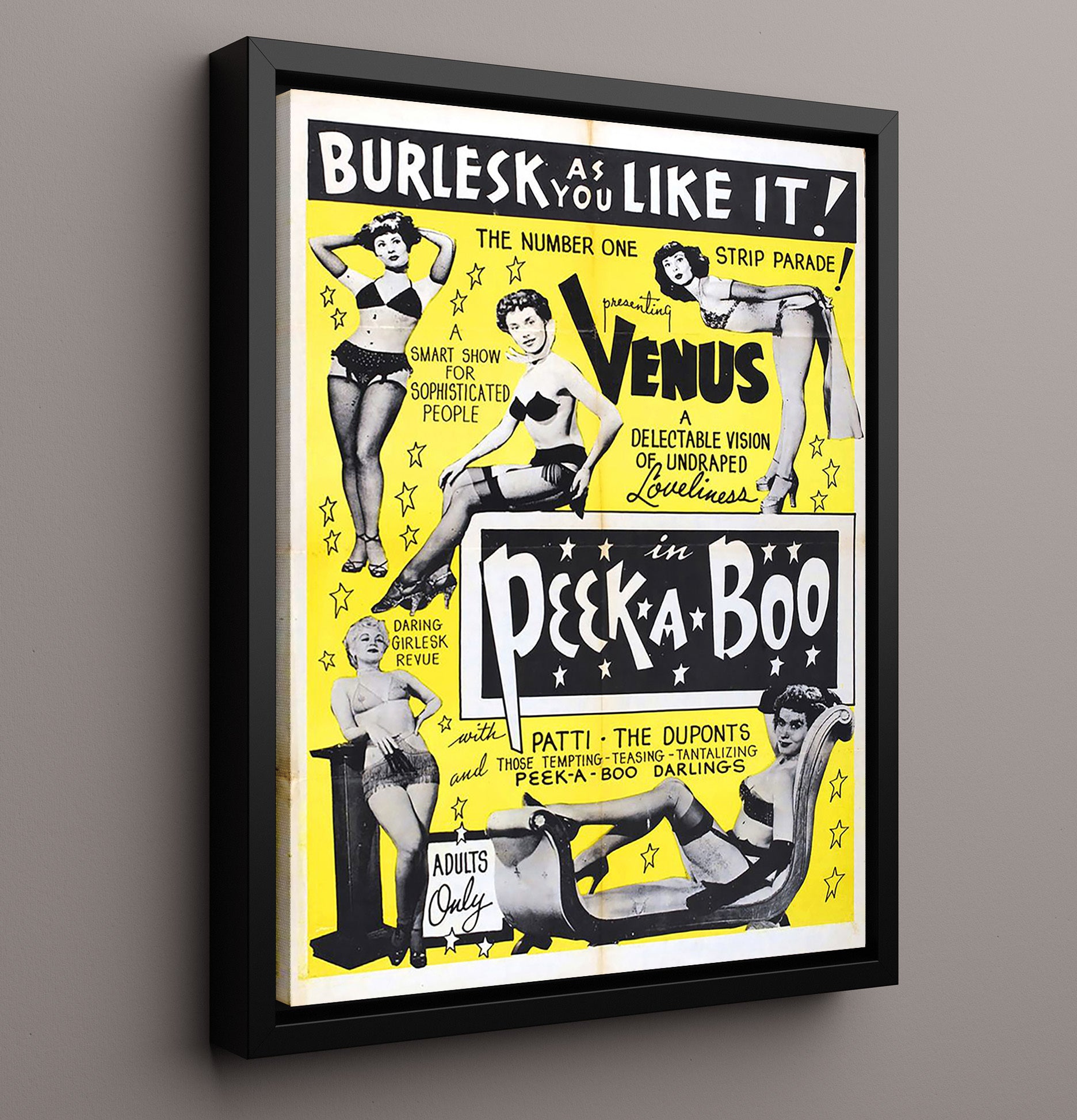 Venus in Peek A Boo Strip Parade 16x20 Framed Canvas wall art print – Burlesque Poster decor