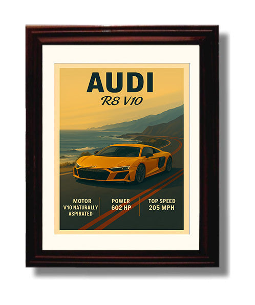 Audi R8 V10 Naturally Aspirated Supercar Vintage 8x10 Beveled Frame automotive wall art print – Automotive Wall Art decor