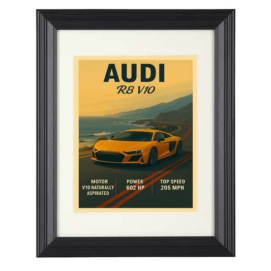 Audi R8 V10 - Naturally Aspirated Supercar 8x10 black framed car print