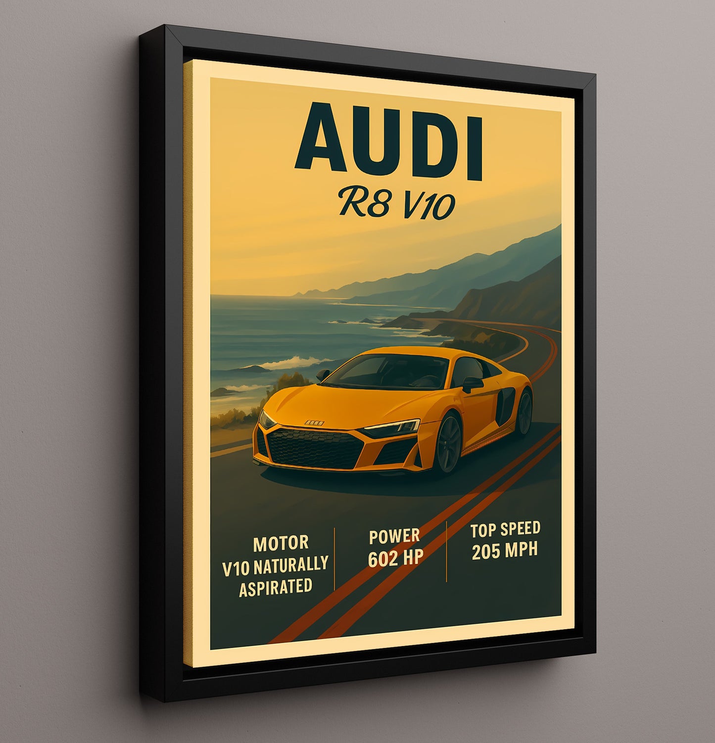 Audi R8 V10 Naturally Aspirated Supercar Vintage 16x20 Framed Canvas automotive wall art print – Automotive Wall Art decor