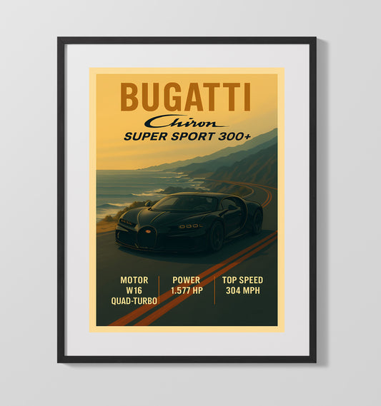 Bugatti Chiron Super Sport 300+ Record Breaking Hypercar Vintage Wall Art 16x20 Gallery Framed Artwork wall art print – automotive decor