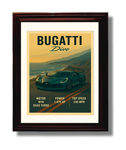 Bugatti Divo W16 Quad Turbo Hypercar Vintage 8x10 Beveled Frame automotive wall art print – Automotive Wall Art decor