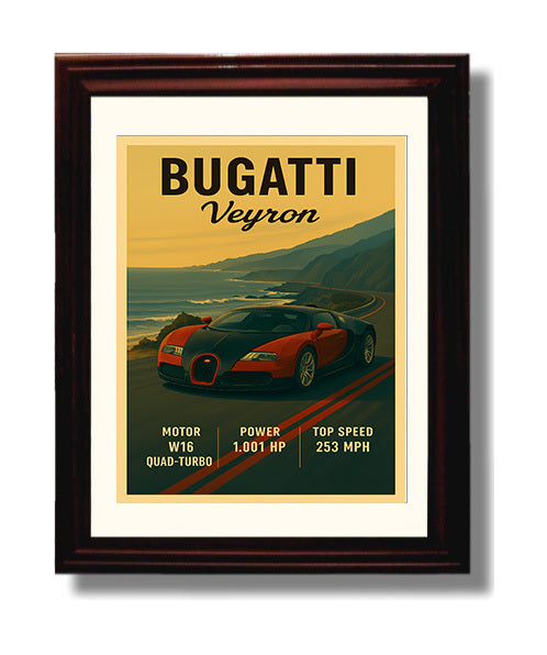 Bugatti Veyron W16 Quad Turbo Pioneer Vintage 8x10 Beveled Frame automotive wall art print – Automotive Wall Art decor