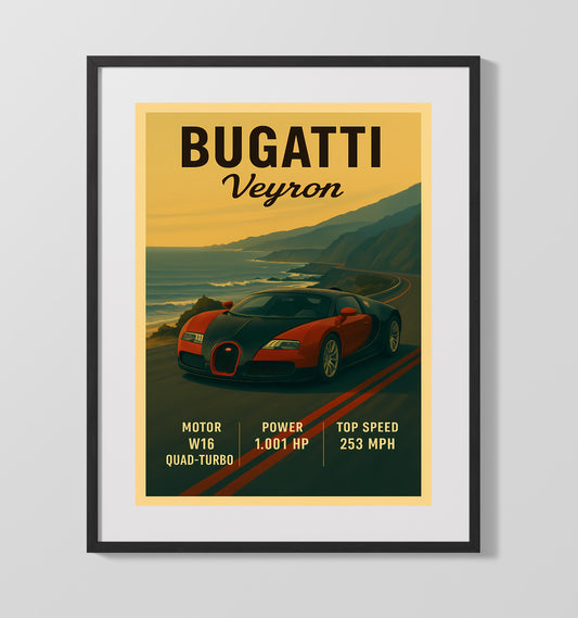 Bugatti Veyron W16 Quad Turbo Pioneer Vintage Wall Art 16x20 Gallery Framed Artwork wall art print – automotive decor